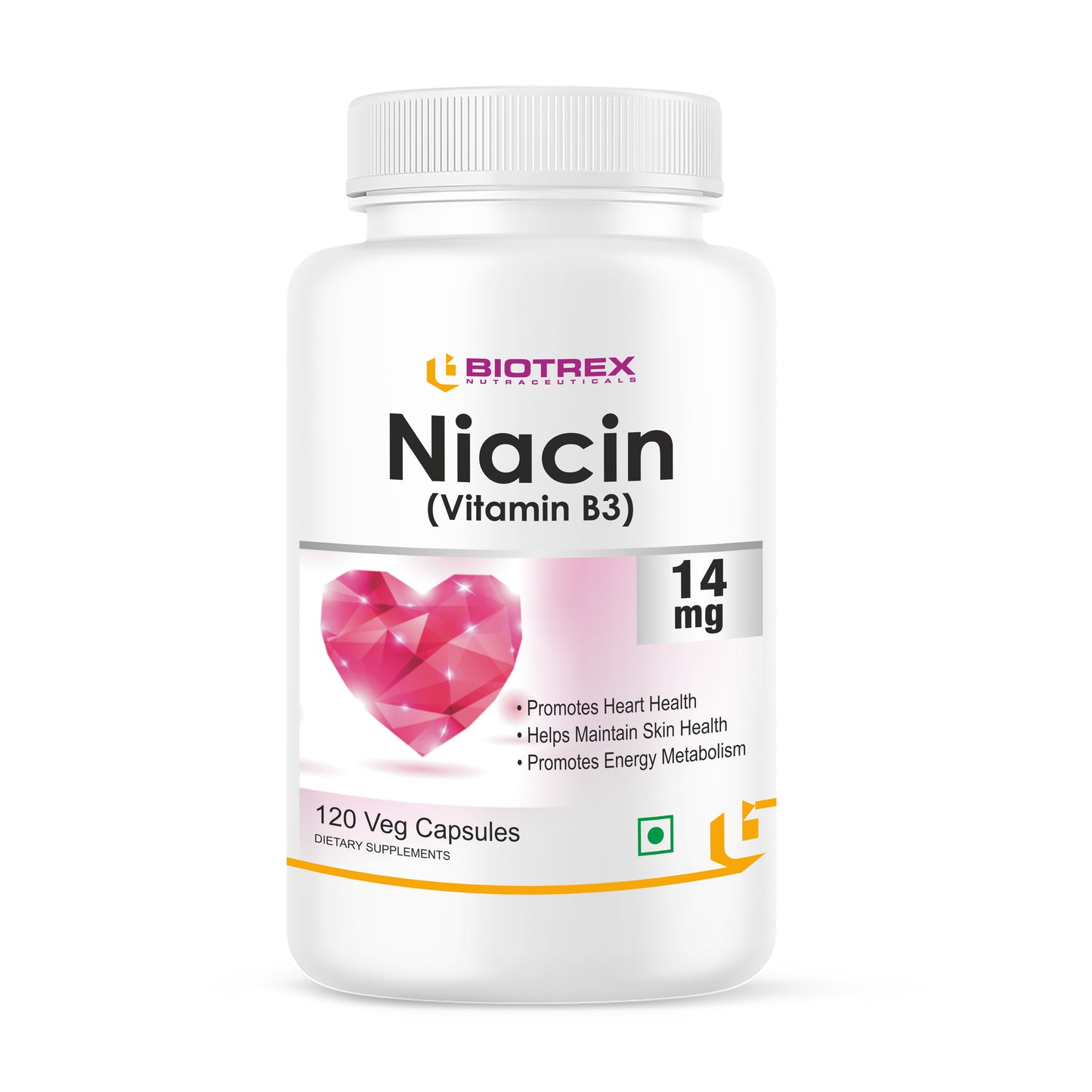 Biotrex Nutraceuticals Niacin 14mg Vitamin B3 With Inositol 50mg Supplement | for Vascularity & Increase Cellular Energy, Non-GMO, Gluten Free, As Per RDA Allowance - 120 Veg Capsules