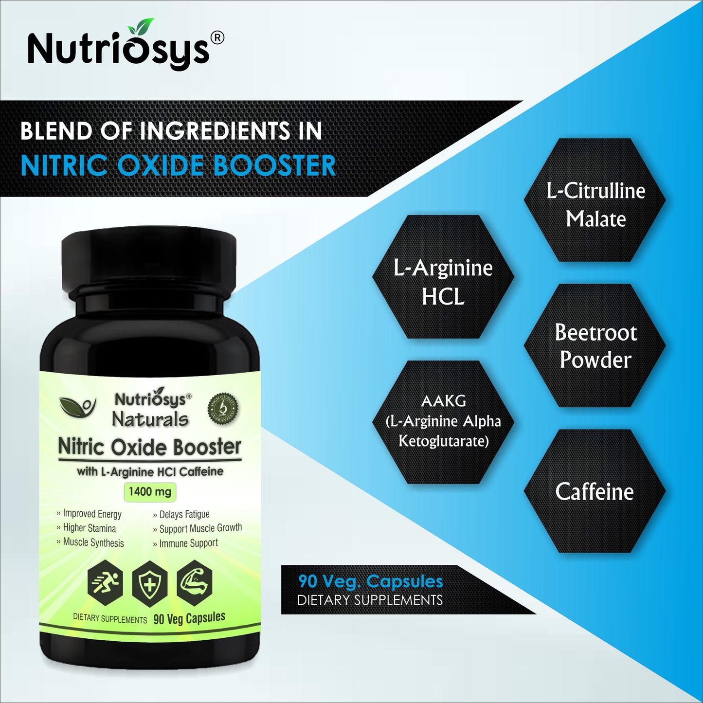 Nutriosys Naturals Nitric Oxide 1400mg With L-Arginine HCI Caffeine | For Muscle Growth, Stamina, Recovery, Immune Booster & Energy Management