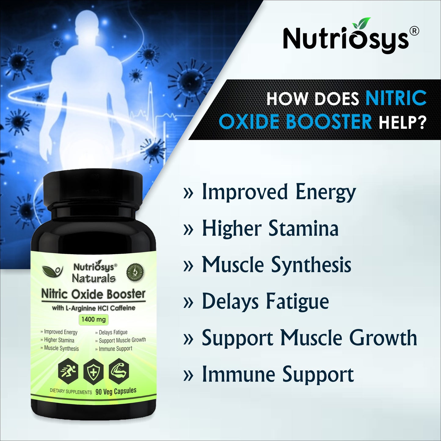 Nutriosys Naturals Nitric Oxide 1400mg With L-Arginine HCI Caffeine | For Muscle Growth, Stamina, Recovery, Immune Booster & Energy Management