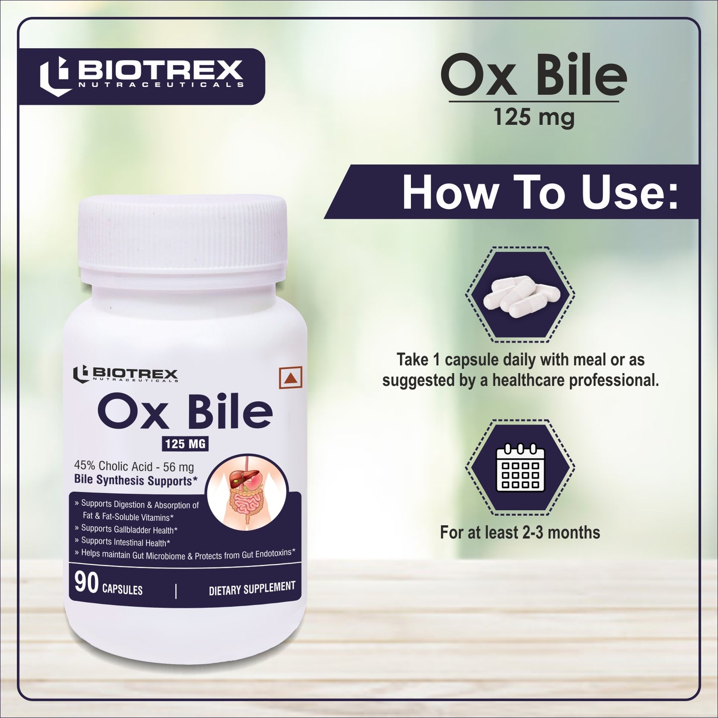 Biotrex OX BILE EXTRACT 125mg, 45% CHOLIC ACID, Supports Gallbladder Health & Supports Healthy Digestion, Bile Synthesis Support, (Gluten Free & Non-GMO) - 90 Capsules