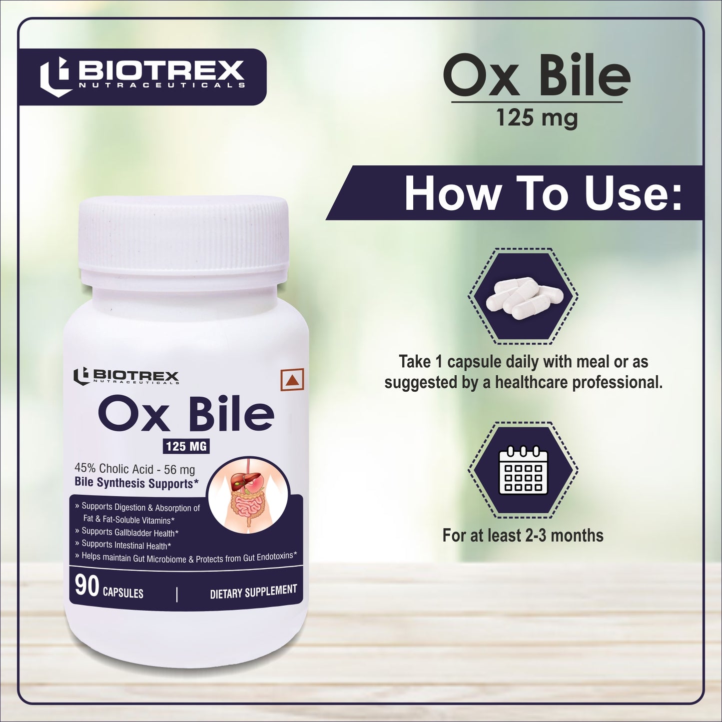 Biotrex Nutraceuticals OX BILE EXTRACT 125mg, 45% CHOLIC ACID, Supports Gallbladder Health & Supports Healthy Digestion, Bile Synthesis Support, (Gluten Free & Non-GMO) - 90 Capsules