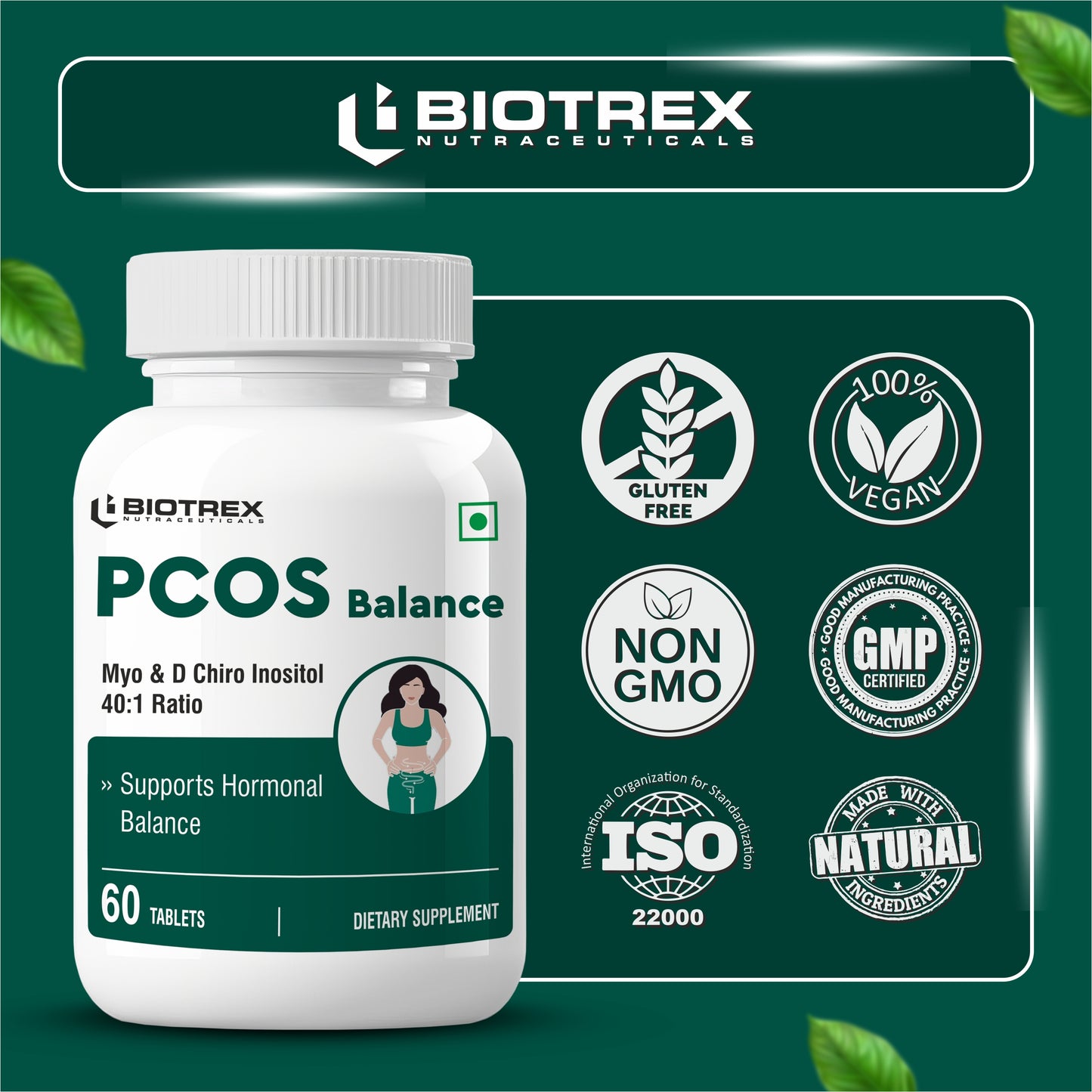 Biotrex PCOS Supplement for women With 40:1 Ratio, High Purity Pharma Grade Ingredients 2000mg Myo-Inositol to 50mg D-Chiro-Inositol - 60 Vegetarian Tablets