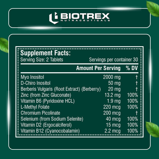 Biotrex PCOS Supplement for women With 40:1 Ratio, High Purity Pharma Grade Ingredients 2000mg Myo-Inositol to 50mg D-Chiro-Inositol - 60 Vegetarian Tablets