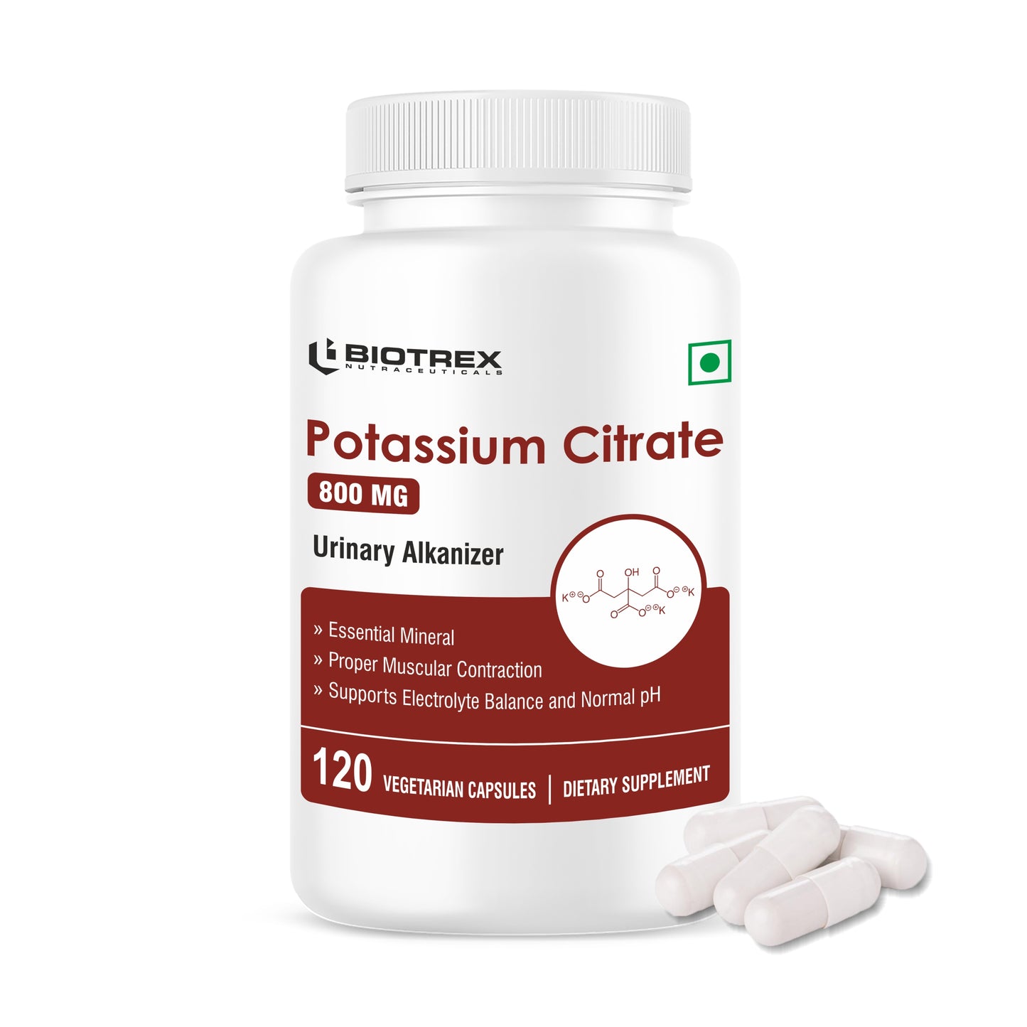Biotrex Potassium Citrate 800mg supplement, Healthy Bone & Joint Health, Supports Healthy Nerve Health - 120 Vegetarian Capsules