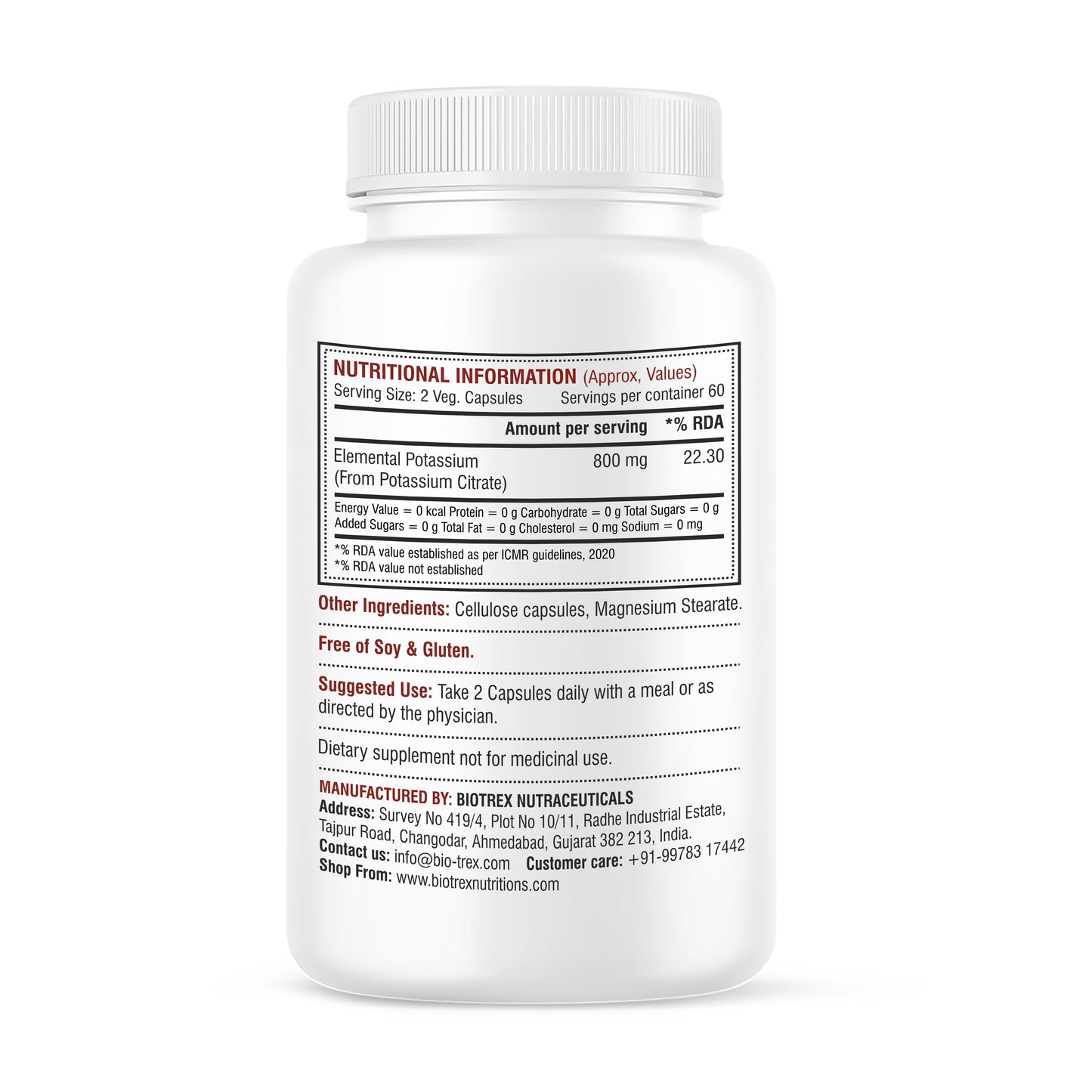 Biotrex Potassium Citrate 800mg supplement, Healthy Bone & Joint Health, Supports Healthy Nerve Health - 120 Vegetarian Capsules