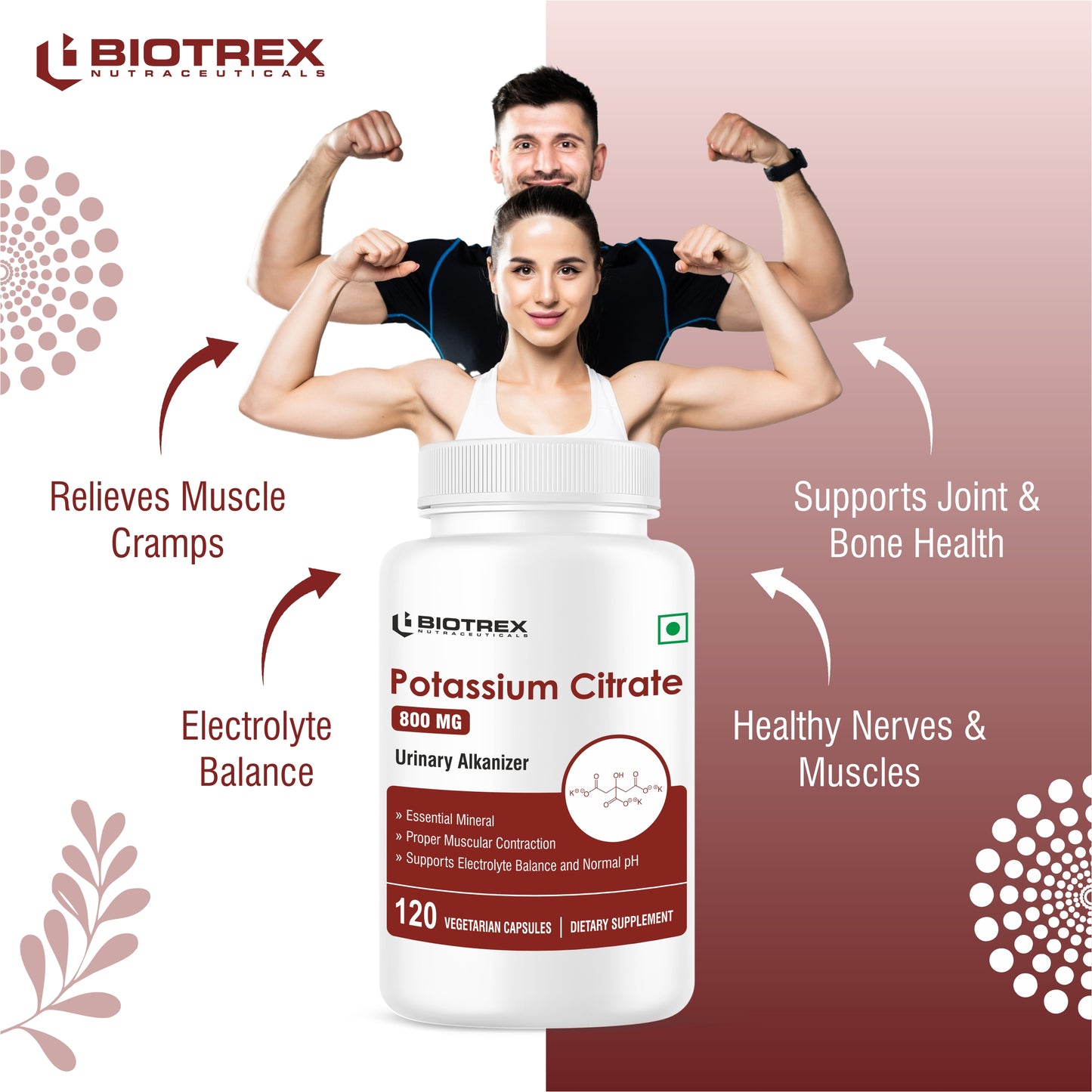 Biotrex Potassium Citrate 800mg supplement, Healthy Bone & Joint Health, Supports Healthy Nerve Health - 120 Vegetarian Capsules