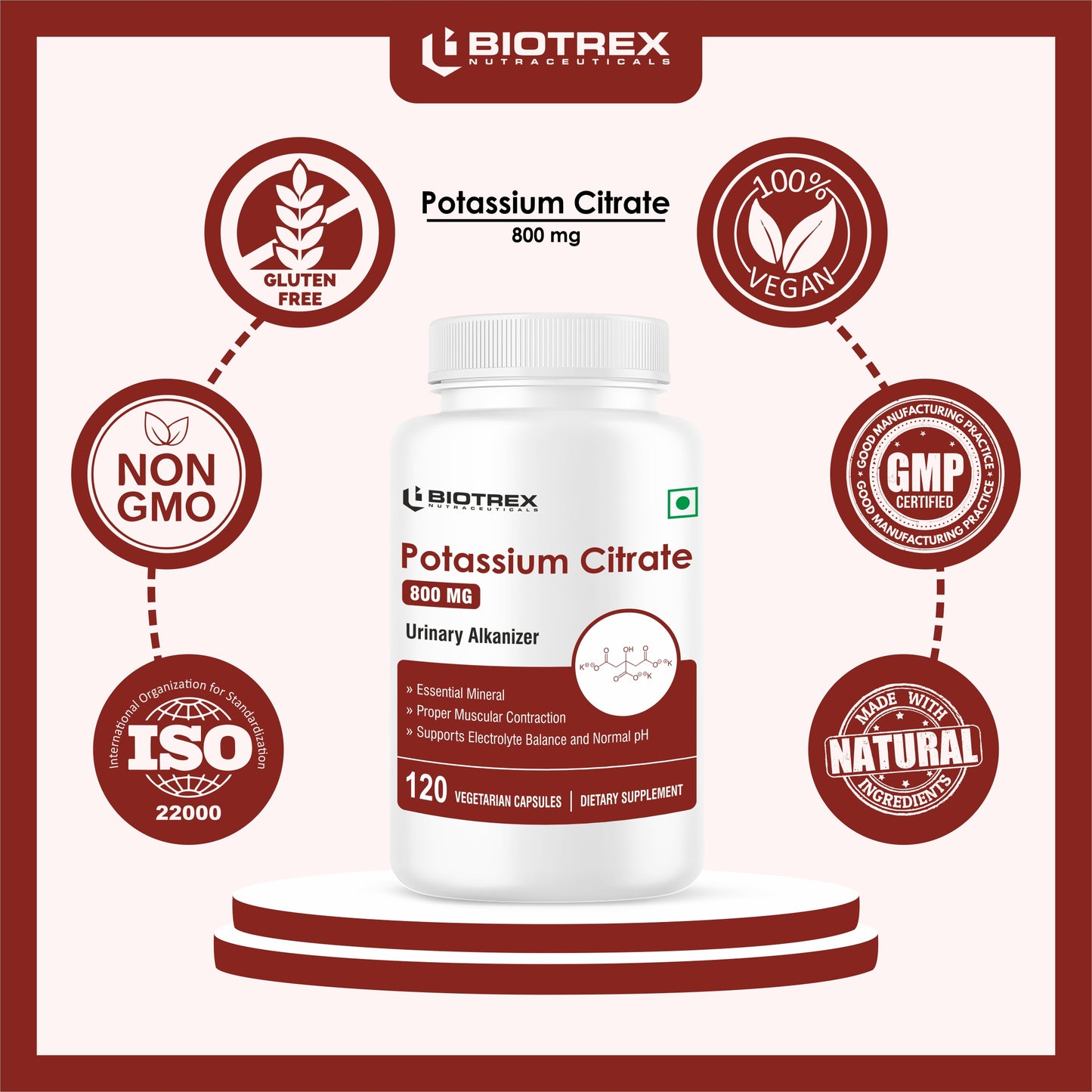 Biotrex Potassium Citrate 800mg supplement, Healthy Bone & Joint Health, Supports Healthy Nerve Health - 120 Vegetarian Capsules