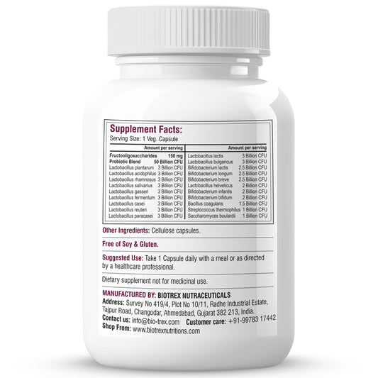 Biotrex Nutraceuticals Probiotics 50 Billion With 150mg Prebiotics Supplement For Gut Health - 60 Capsules