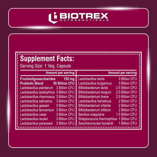 Biotrex Nutraceuticals Probiotics 50 Billion With 150mg Prebiotics Supplement For Gut Health - 60 Capsules
