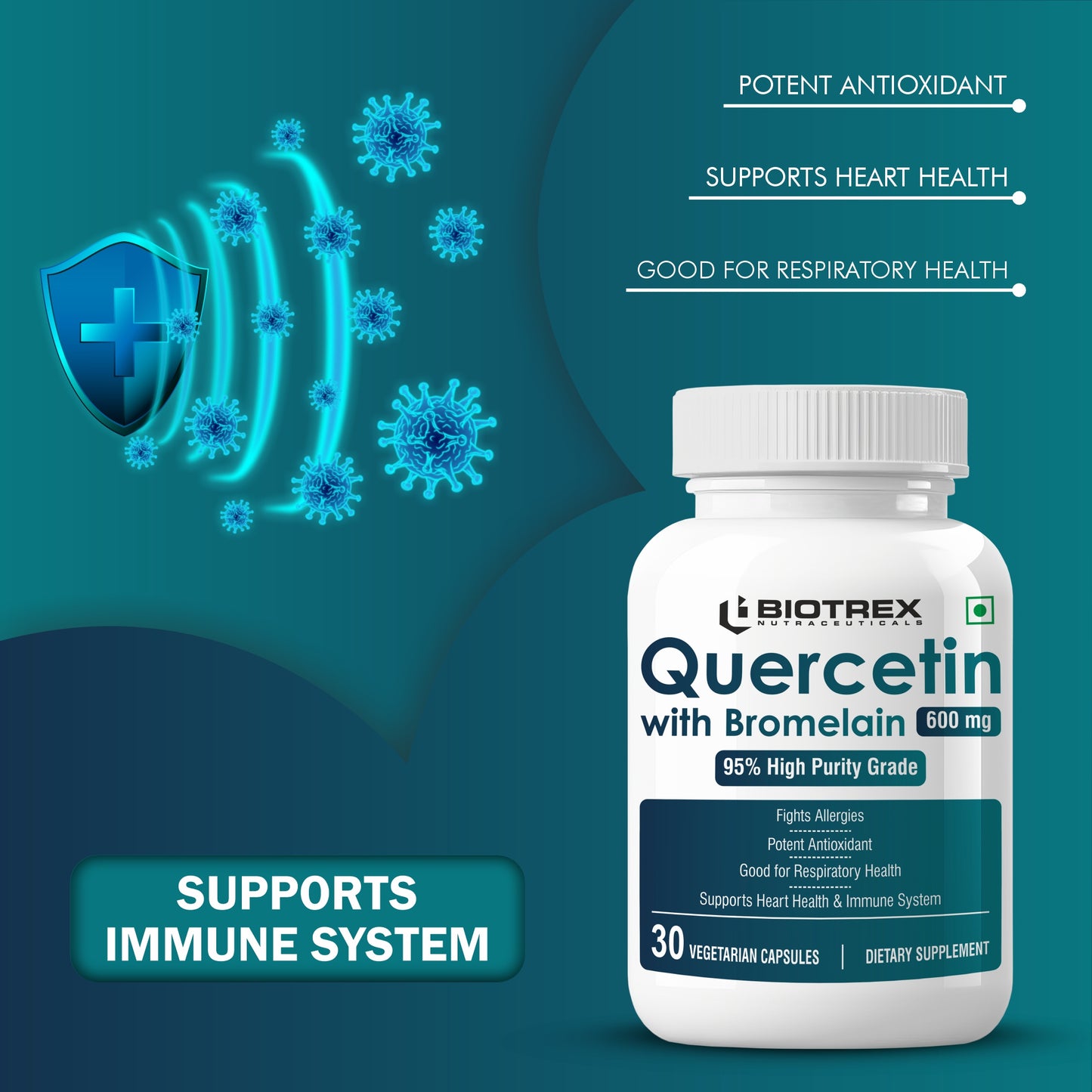 Bioterx Nutraceuticals Quercetin with Bromelain 600mg Better Respiratory Health | Antioxidant | Fights Allergies | Immunity & Cardiovascular Health - 30 Veg Capsules