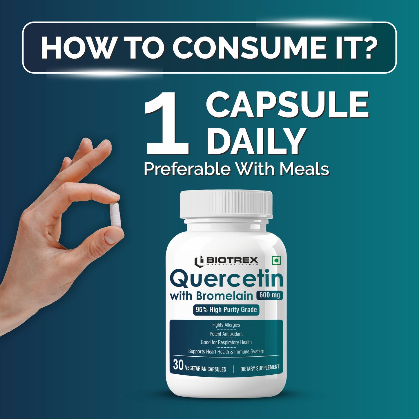 Bioterx Nutraceuticals Quercetin with Bromelain 600mg Better Respiratory Health | Antioxidant | Fights Allergies | Immunity & Cardiovascular Health - 30 Veg Capsules