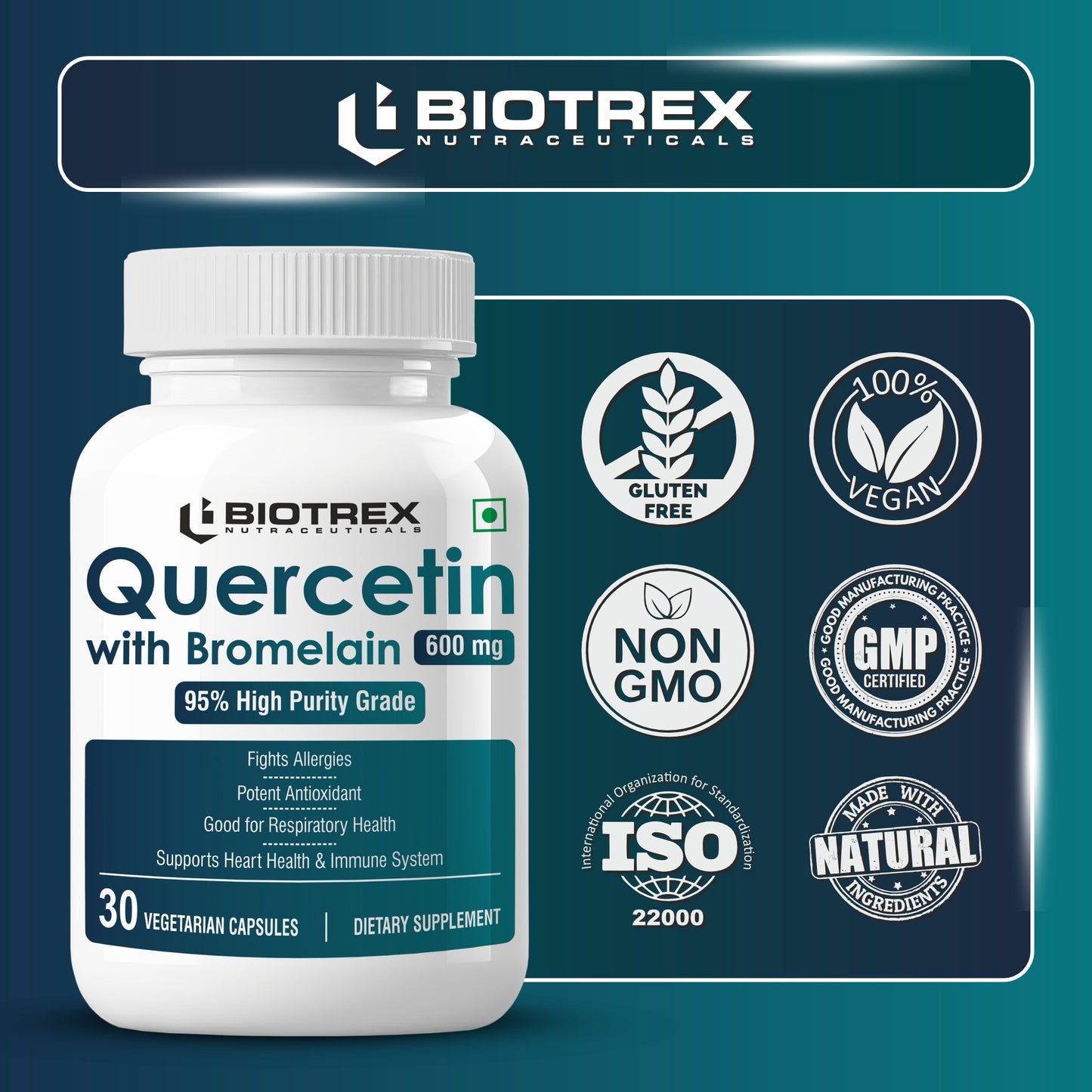 Bioterx Nutraceuticals Quercetin with Bromelain 600mg Better Respiratory Health | Antioxidant | Fights Allergies | Immunity & Cardiovascular Health - 30 Veg Capsules