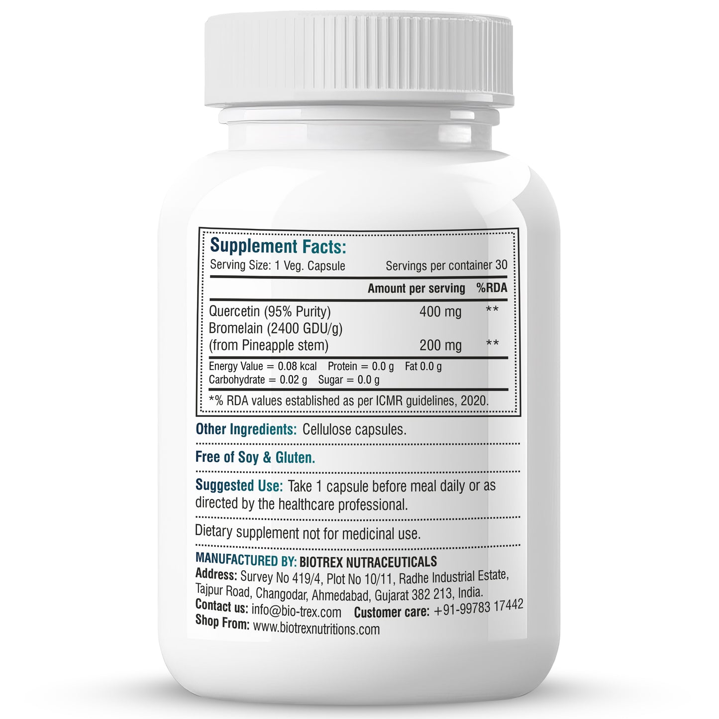 Bioterx Nutraceuticals Quercetin with Bromelain 600mg Better Respiratory Health | Antioxidant | Fights Allergies | Immunity & Cardiovascular Health - 30 Veg Capsules
