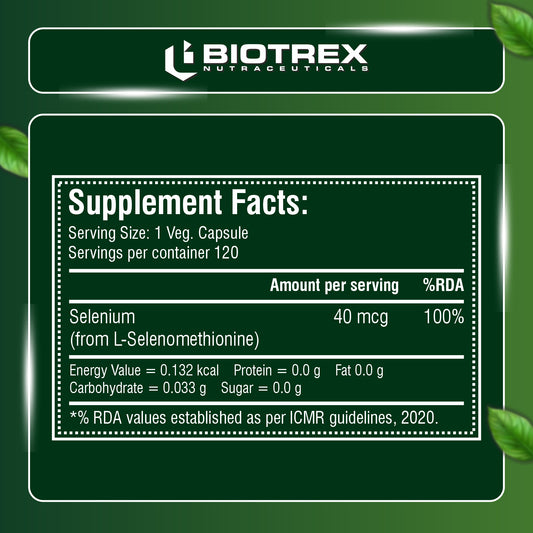 Biotrex Nutraceuticals Selenium 40mcg (L-Selenomethionine) Essential Trace Mineral with Superior Absorption | Antioxidant | Supports Immunity & Healthy Thyroid Function - 120 Veg Capsules