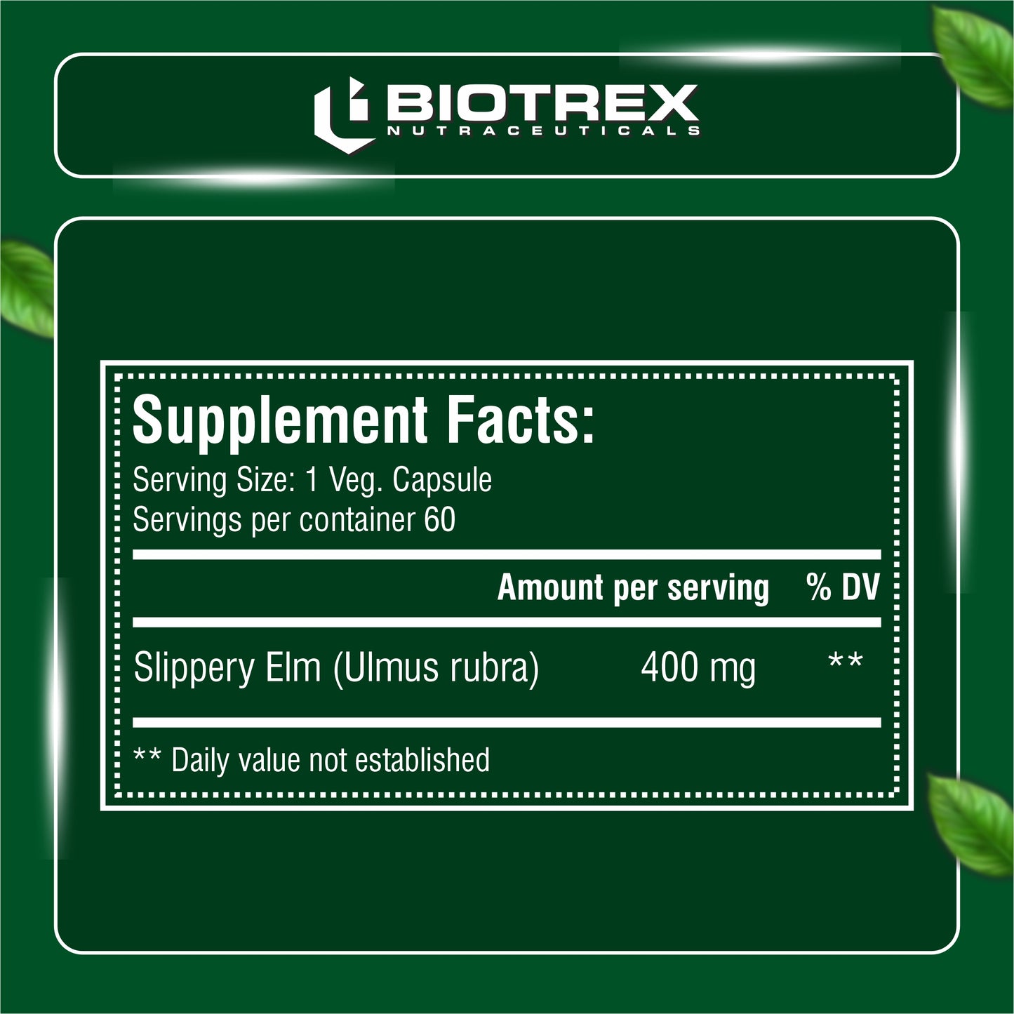 Biotrex Slippery Elm 400mg - 60 Capsules Soothing Digestive Aid, Gastrointestinal Protection & Relief from Sore Throat and Cough