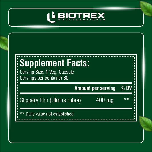 Biotrex Slippery Elm 400mg - 60 Capsules Soothing Digestive Aid, Gastrointestinal Protection & Relief from Sore Throat and Cough