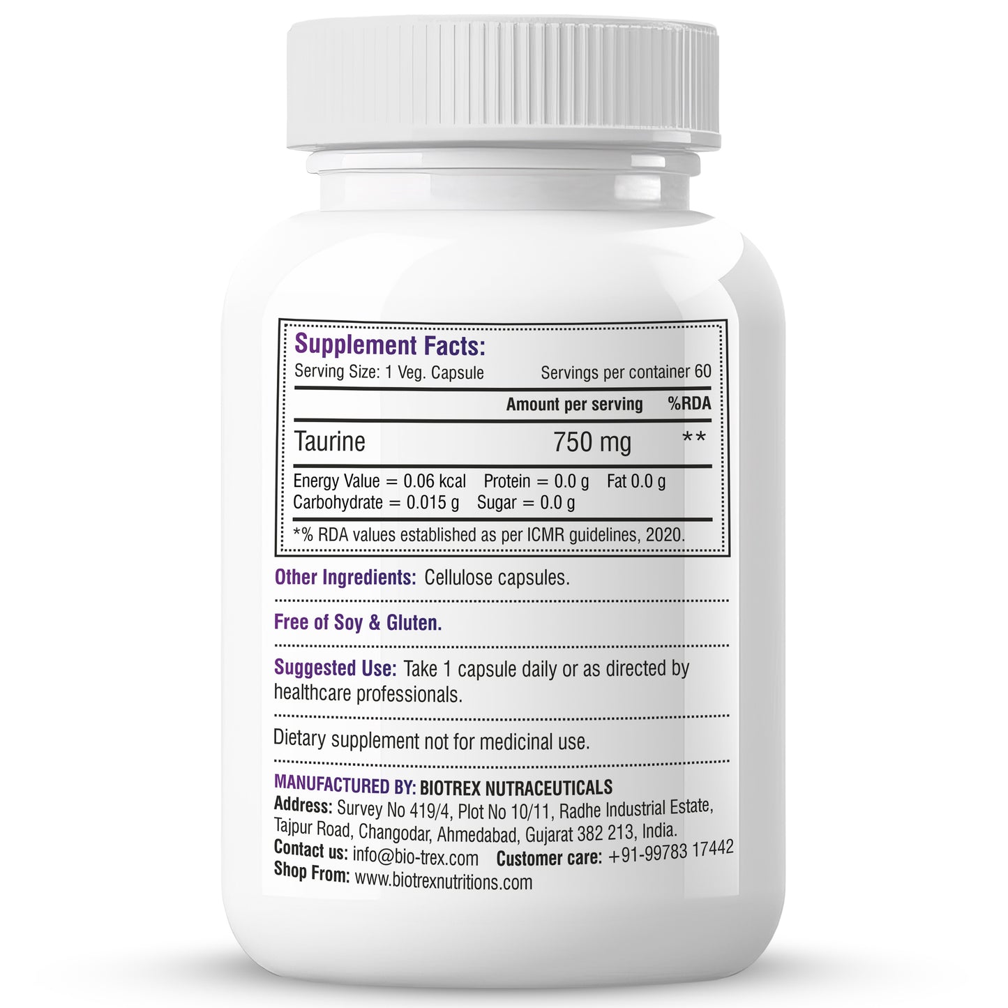 Biotrex Taurine 750mg | Antioxidant | Cardiovascular Health & Helps Enhanching Muscle Function | Eye Health | Amino Acid Supplement For Athletic Performance | Men & Women - 60 Veg Capsule