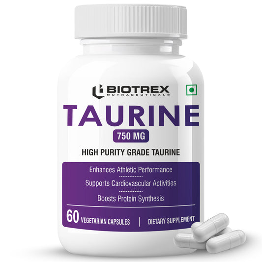 Biotrex Taurine 750mg | Antioxidant | Cardiovascular Health & Helps Enhanching Muscle Function | Eye Health | Amino Acid Supplement For Athletic Performance | Men & Women - 60 Veg Capsule