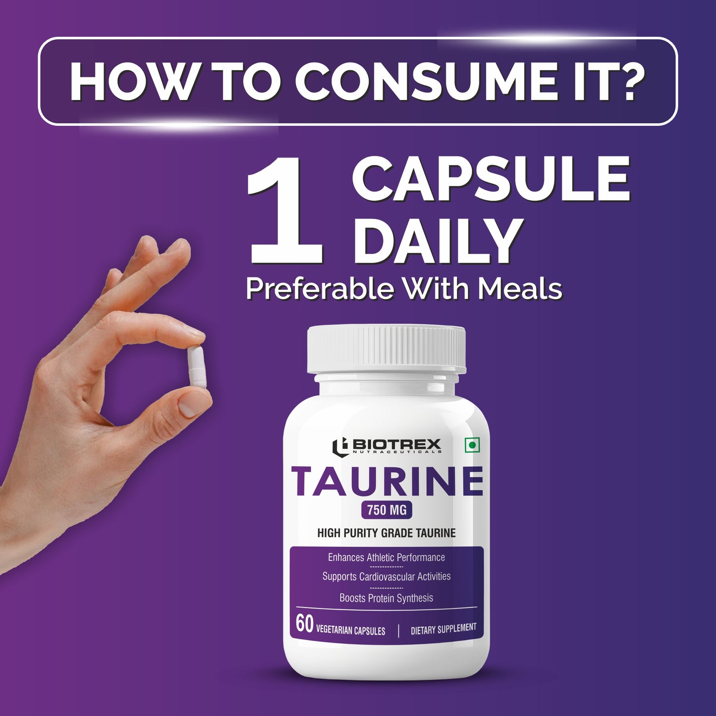 Biotrex Taurine 750mg | Antioxidant | Cardiovascular Health & Helps Enhanching Muscle Function | Eye Health | Amino Acid Supplement For Athletic Performance | Men & Women - 60 Veg Capsule