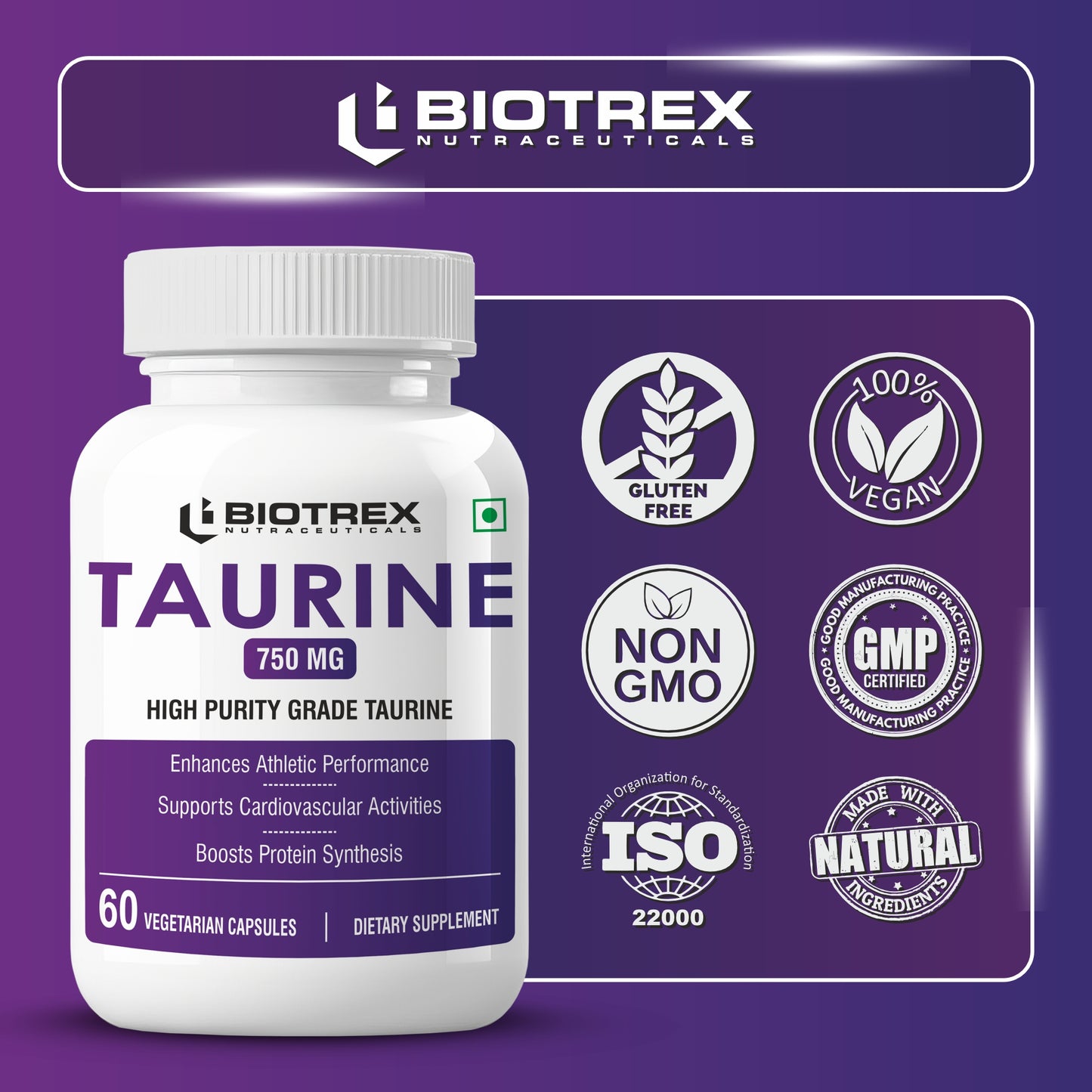 Biotrex Taurine 750mg | Antioxidant | Cardiovascular Health & Helps Enhanching Muscle Function | Eye Health | Amino Acid Supplement For Athletic Performance | Men & Women - 60 Veg Capsule