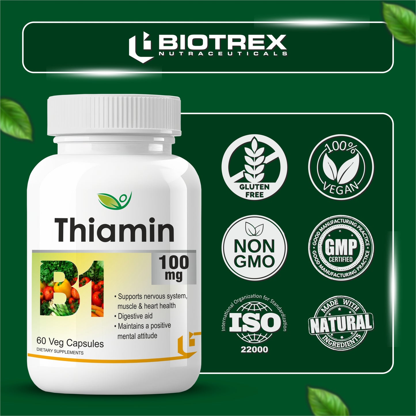 Biotrex Thiamin 100mg (Vitamin B1) - 60 Veg Capsules Energy Production, Stress Management, Cognitive Function & Antioxidant Activity