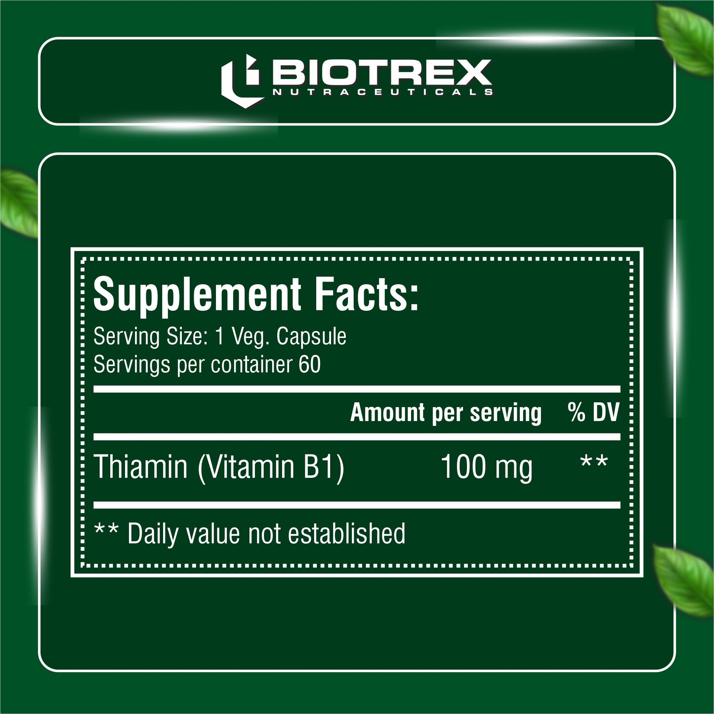 Biotrex Thiamin 100mg (Vitamin B1) - 60 Veg Capsules Energy Production, Stress Management, Cognitive Function & Antioxidant Activity