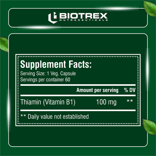Biotrex Thiamin 100mg (Vitamin B1) - 60 Veg Capsules Energy Production, Stress Management, Cognitive Function & Antioxidant Activity
