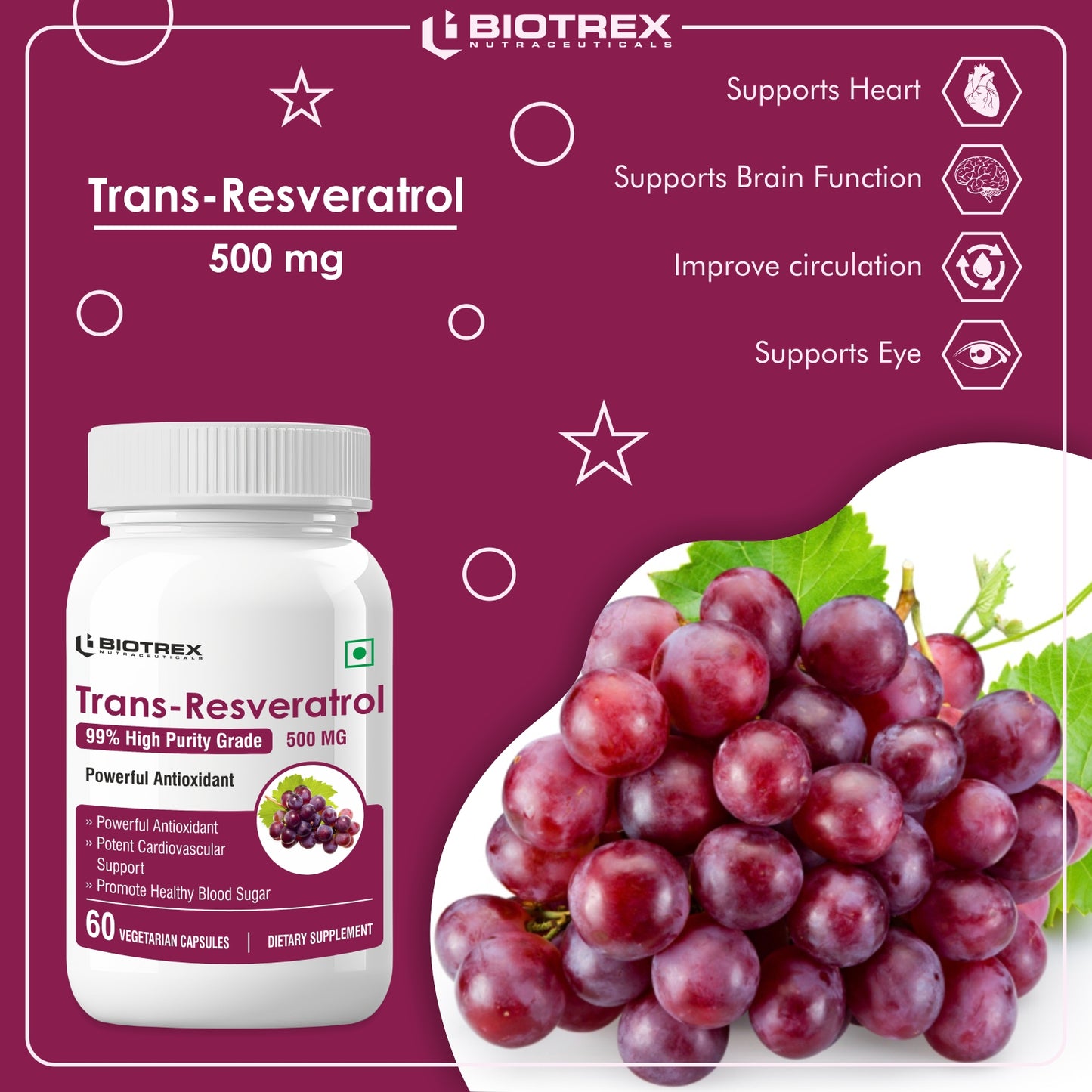 Biotrex Resveratrol 500mg - 60 Capsules Cognitive Health, Skin Health, Antioxidant Support & Cardiovascular Health