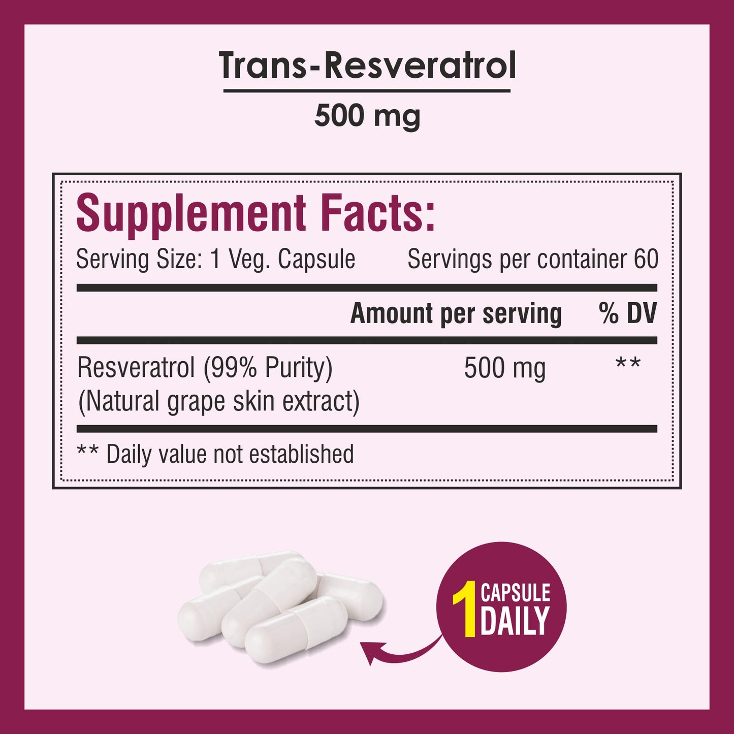 Biotrex Resveratrol 500mg - 60 Capsules Cognitive Health, Skin Health, Antioxidant Support & Cardiovascular Health