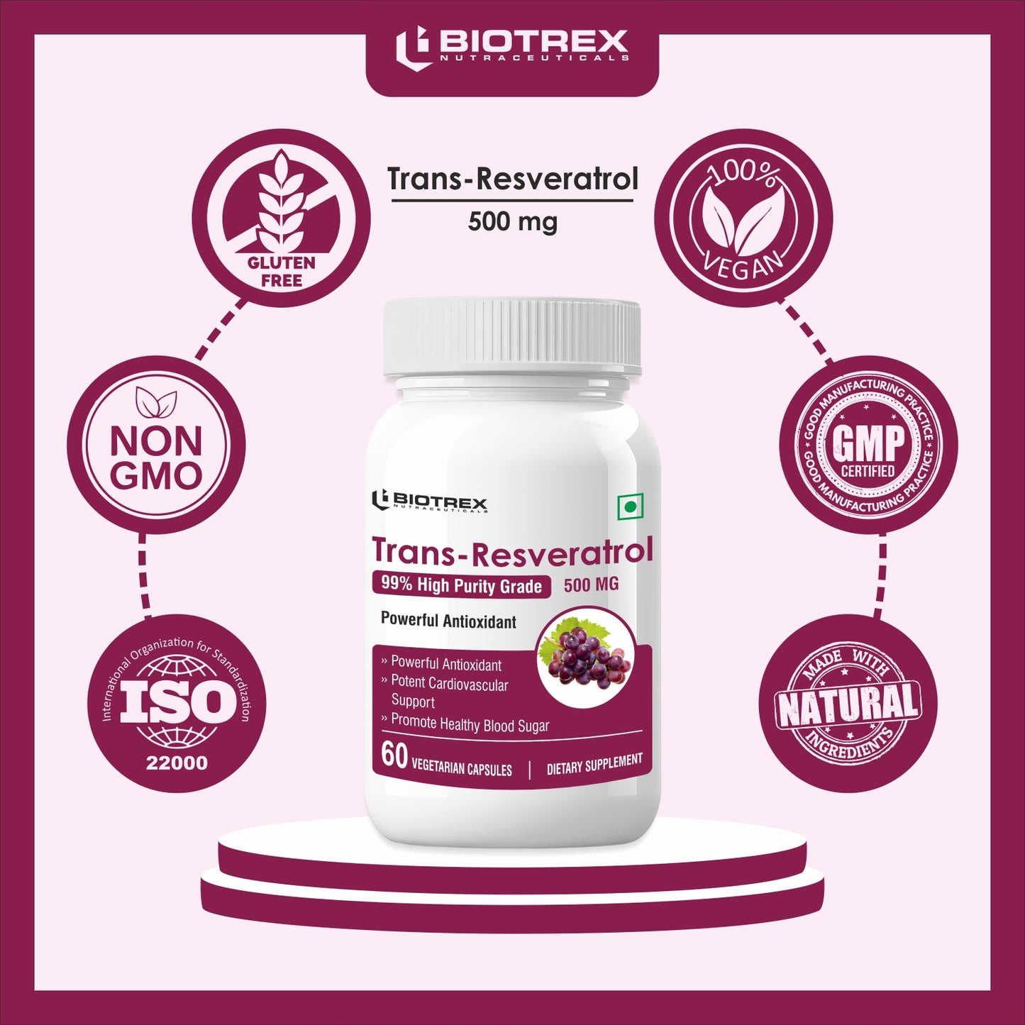 Biotrex Resveratrol 500mg - 60 Capsules Cognitive Health, Skin Health, Antioxidant Support & Cardiovascular Health