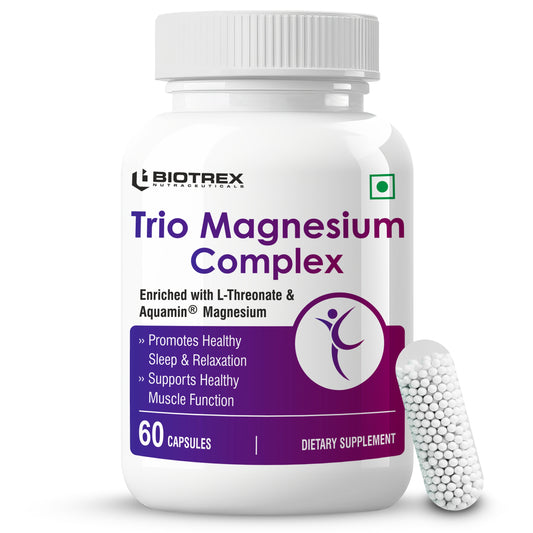 Biotrex Trio Magnesium Complex Enriched With Magnesium L- Threonate, Aquamin Citrate & Magnesium Glycinate, Highly Bioavailable Forms of Magnesium, Supports Healthy Nerve & Brain Health, Supports Healthy Sleep - 60 Veg Capsules