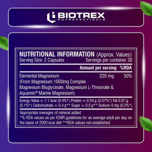 Biotrex Trio Magnesium Complex Enriched With Magnesium L- Threonate, Aquamin Citrate & Magnesium Glycinate, Highly Bioavailable Forms of Magnesium, Supports Healthy Nerve & Brain Health, Supports Healthy Sleep - 60 Veg Capsules
