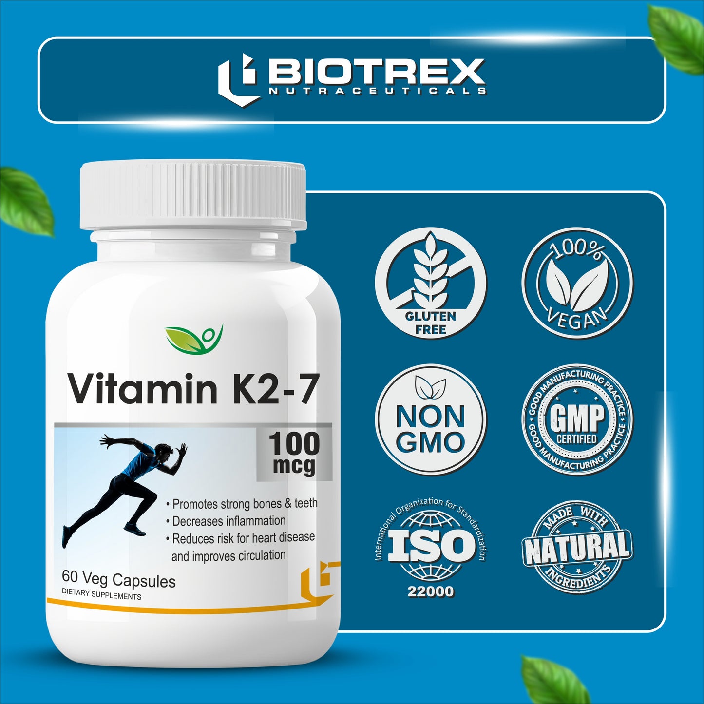 Biotrex Vitamin K2-7 100mcg - 60 Capsules Bone Health, Dental health support & Cardiovascular health benefits