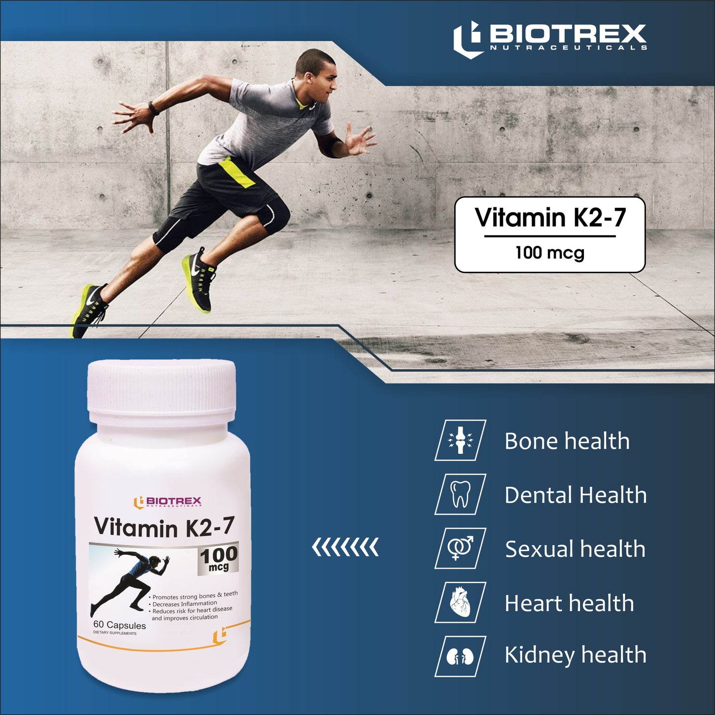 Biotrex Vitamin K2-7 100mcg - 60 Capsules Bone Health, Dental health support & Cardiovascular health benefits