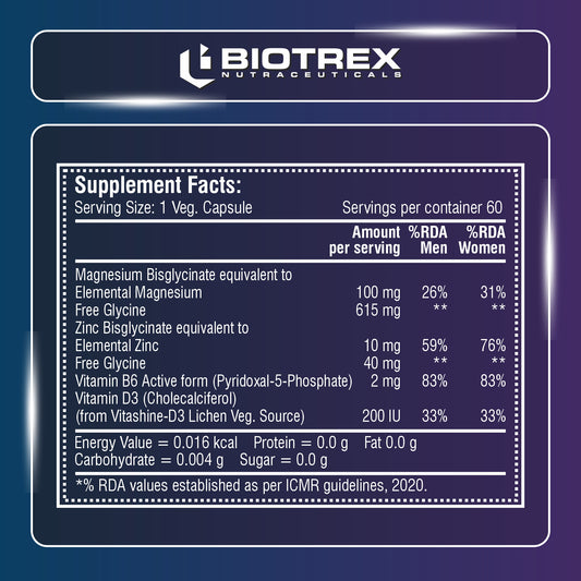 Biotrex Nutraceuticals ZMA Forte | Combination of Magnesium Bisglycinate, Zinc, Glycine, Vitamin B6 & D3 | Highly Bioavailable Form of Magnesium | Sleep Support Formula with Muscle Recovery | Enhances Atheletic Performance & Motility - 60 Veg Capsules