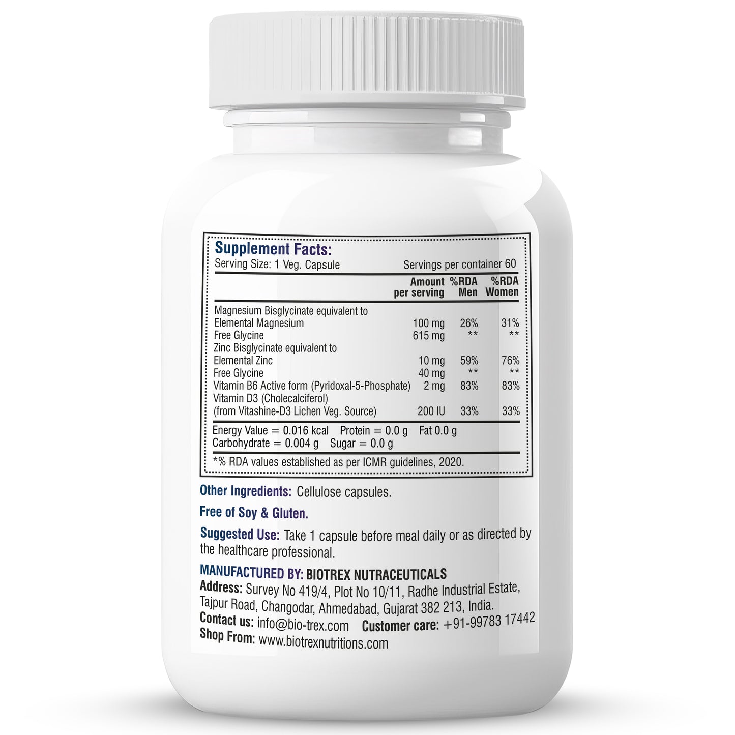 Biotrex Nutraceuticals ZMA Forte | Combination of Magnesium Bisglycinate, Zinc, Glycine, Vitamin B6 & D3 | Highly Bioavailable Form of Magnesium | Sleep Support Formula with Muscle Recovery | Enhances Atheletic Performance & Motility - 60 Veg Capsules