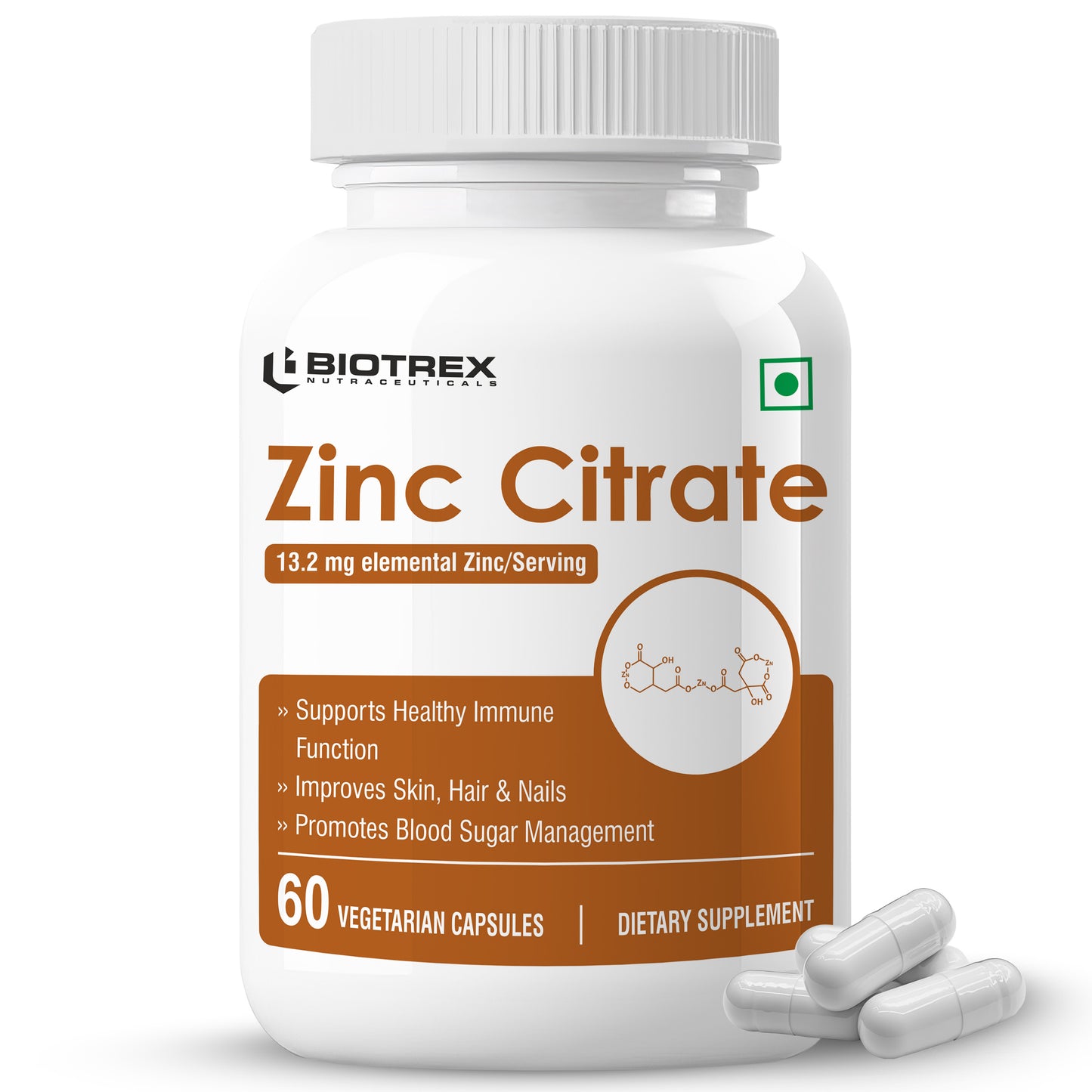 Biotrex Zinc Citrate Supplement - 60 Veg Capsules, Healthy Immunity, Supports Skin, Hair & Nails Health