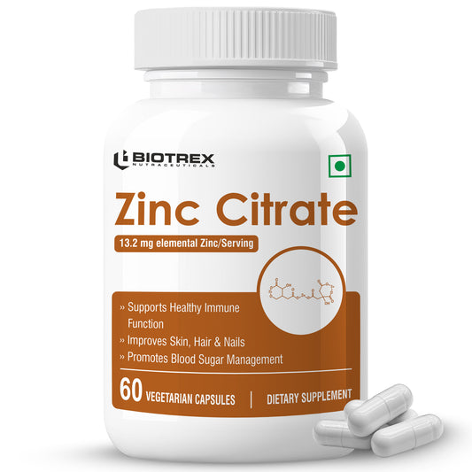 Biotrex Zinc Citrate Supplement - 60 Veg Capsules, Healthy Immunity, Supports Skin, Hair & Nails Health