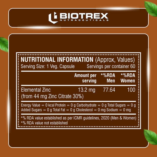 Biotrex Zinc Citrate Supplement - 60 Veg Capsules, Healthy Immunity, Supports Skin, Hair & Nails Health