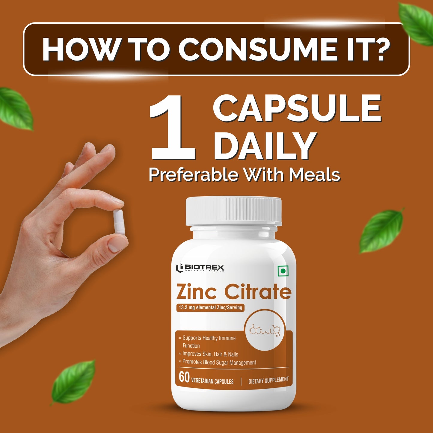Biotrex Zinc Citrate Supplement - 60 Veg Capsules, Healthy Immunity, Supports Skin, Hair & Nails Health