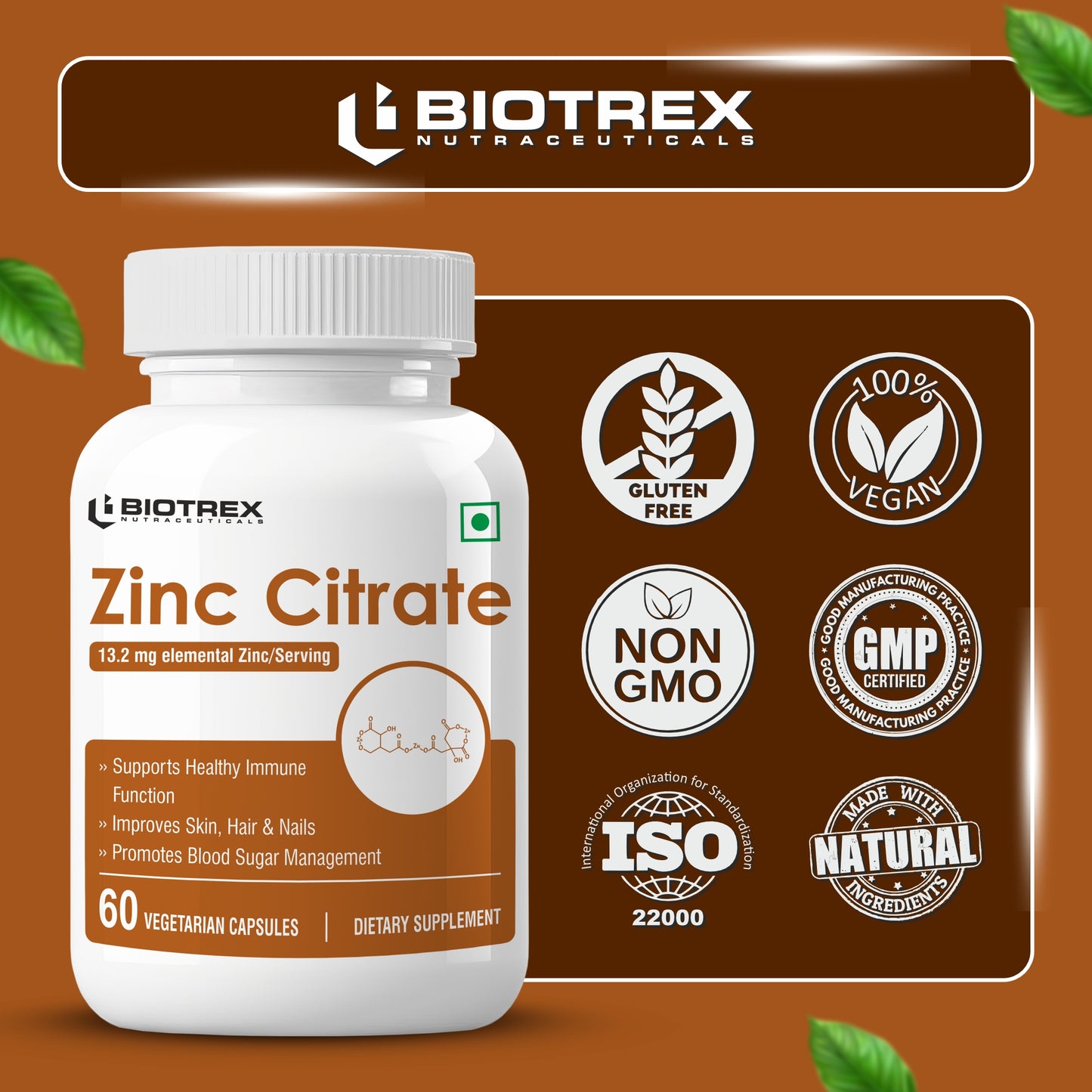 Biotrex Zinc Citrate Supplement - 60 Veg Capsules, Healthy Immunity, Supports Skin, Hair & Nails Health
