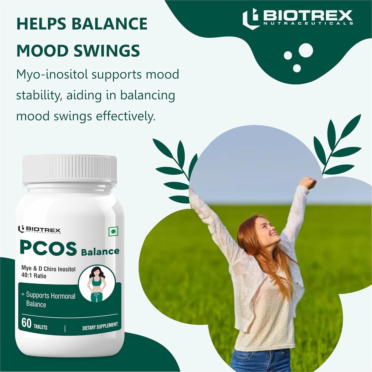 Biotrex PCOS Supplement for women With 40:1 Ratio, High Purity Pharma Grade Ingredients 2000mg Myo-Inositol to 50mg D-Chiro-Inositol - 60 Vegetarian Tablets