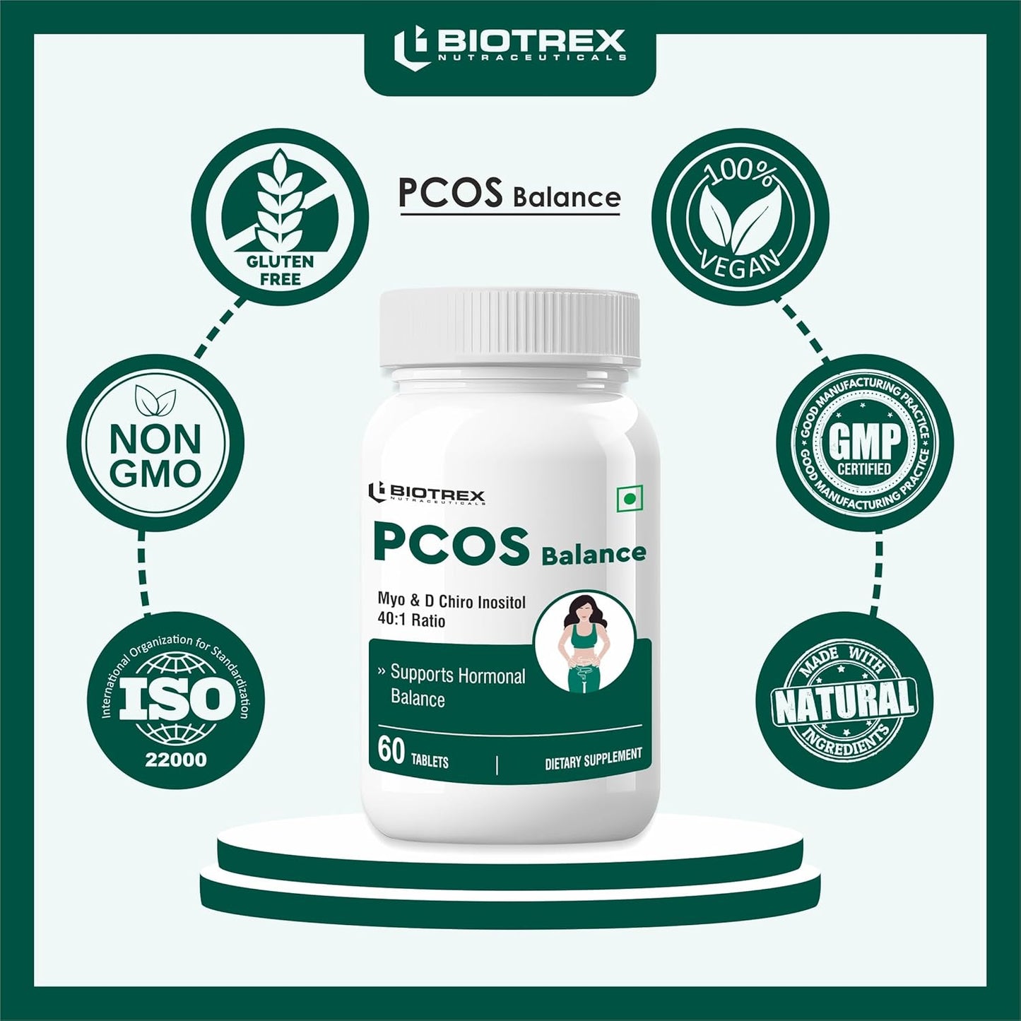 Biotrex PCOS Supplement for women With 40:1 Ratio, High Purity Pharma Grade Ingredients 2000mg Myo-Inositol to 50mg D-Chiro-Inositol - 60 Vegetarian Tablets