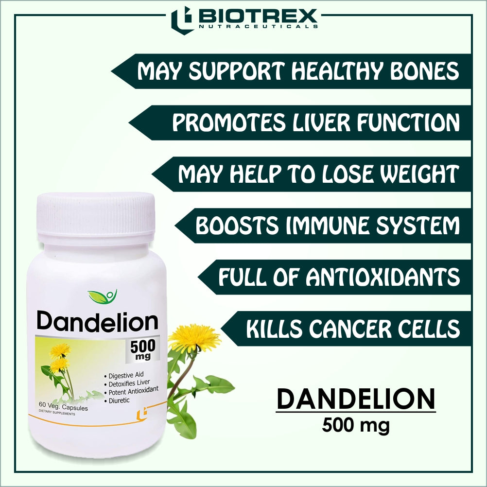 Biotrex Dandelion 500mg - 60 Capsules, Antioxidant, Detoxifies Liver, Digestive Aid