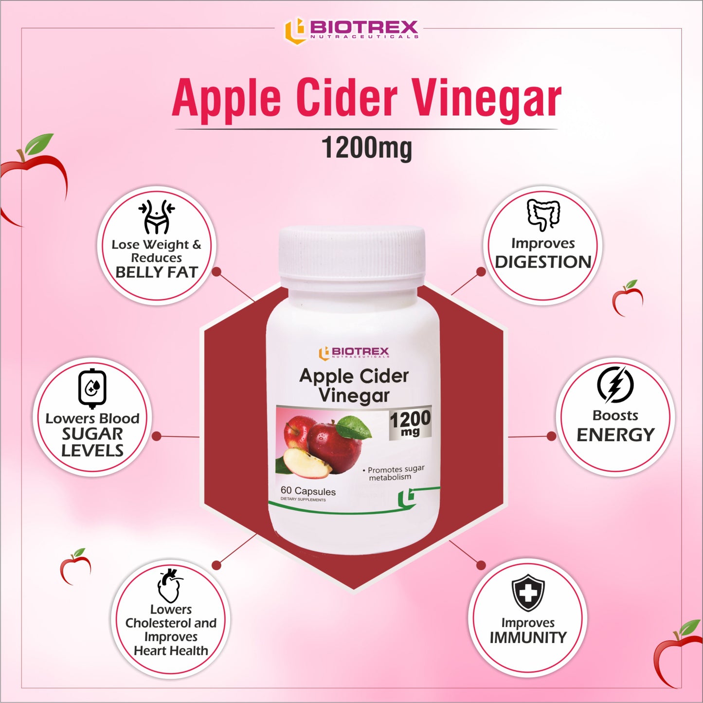 Biotrex Apple Cider Vinegar 1200 mg - 60 Capsules Promotes weight loss, Improve digestive health