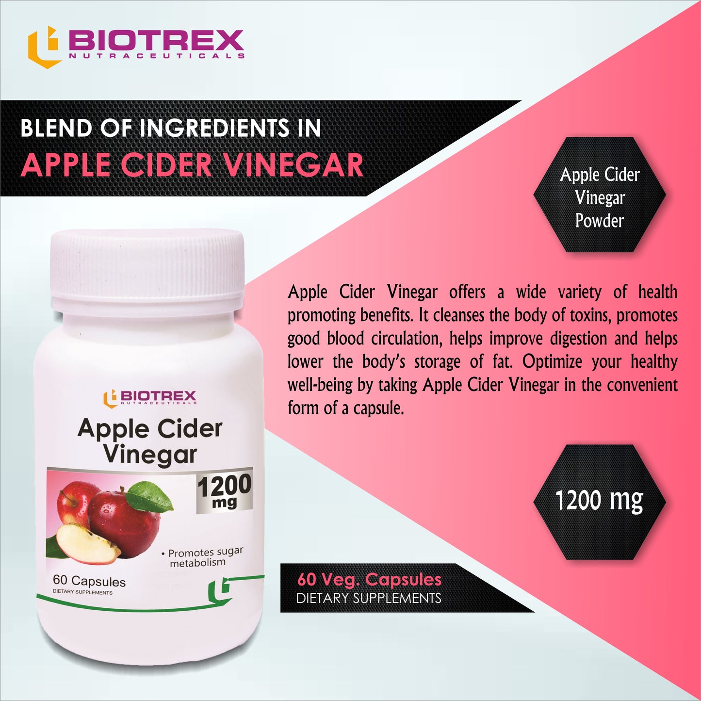 Biotrex Apple Cider Vinegar 1200 mg - 60 Capsules Promotes weight loss, Improve digestive health