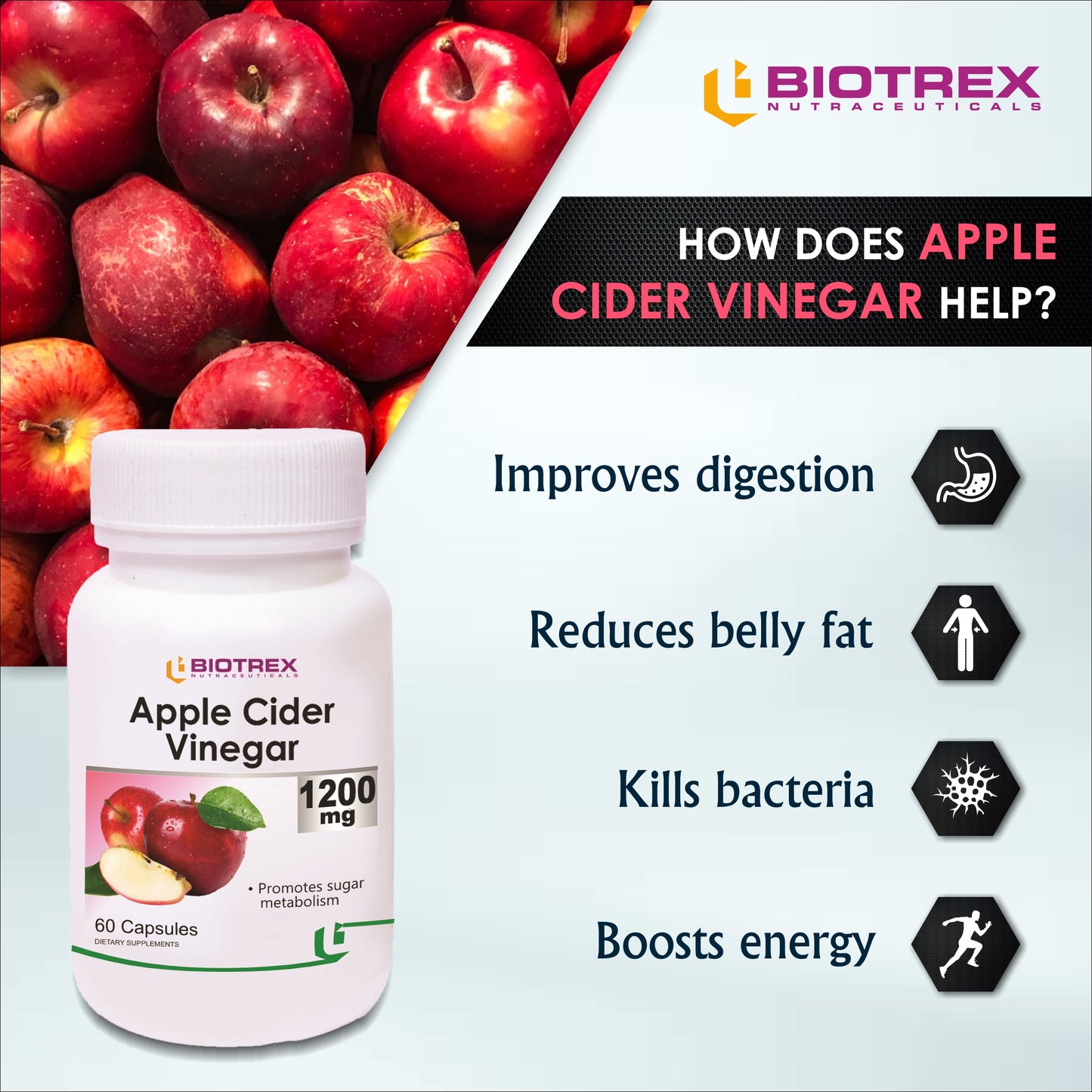 Biotrex Apple Cider Vinegar 1200 mg - 60 Capsules Promotes weight loss, Improve digestive health