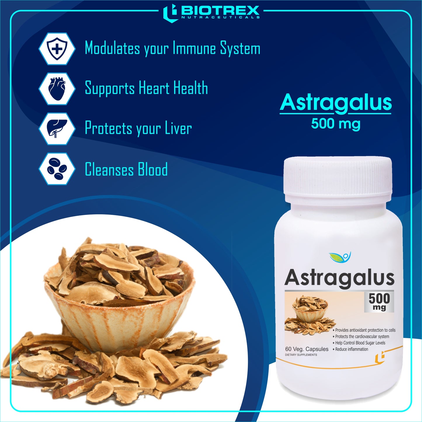 Biotrex Astragalus 500mg 60 Capsules to Support Immune system and Increases energy Levels