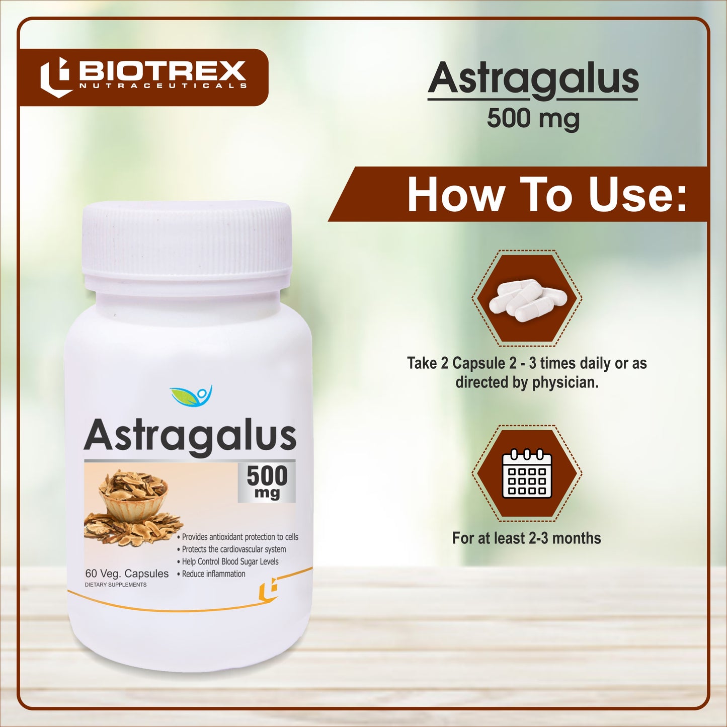 Biotrex Astragalus 500mg Supplement - 60 Veg Capsules