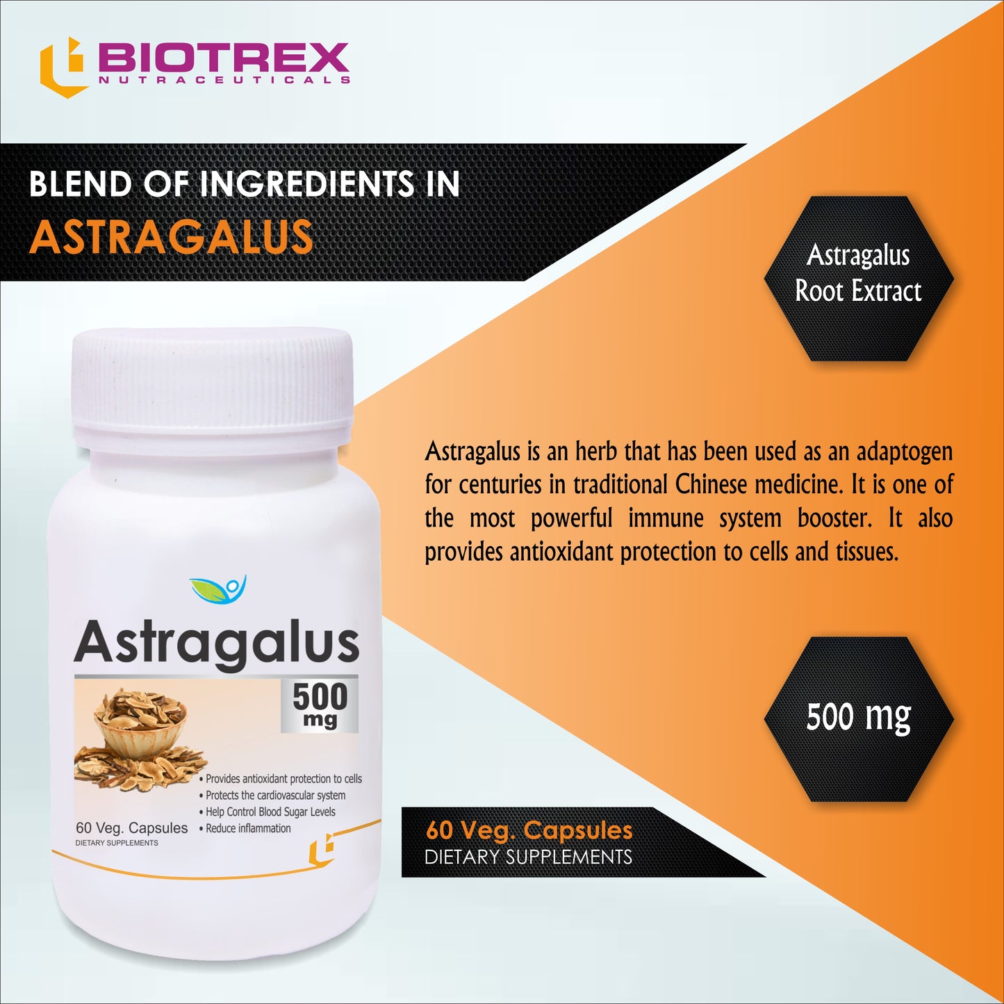 Biotrex Astragalus 500mg Supplement - 60 Veg Capsules